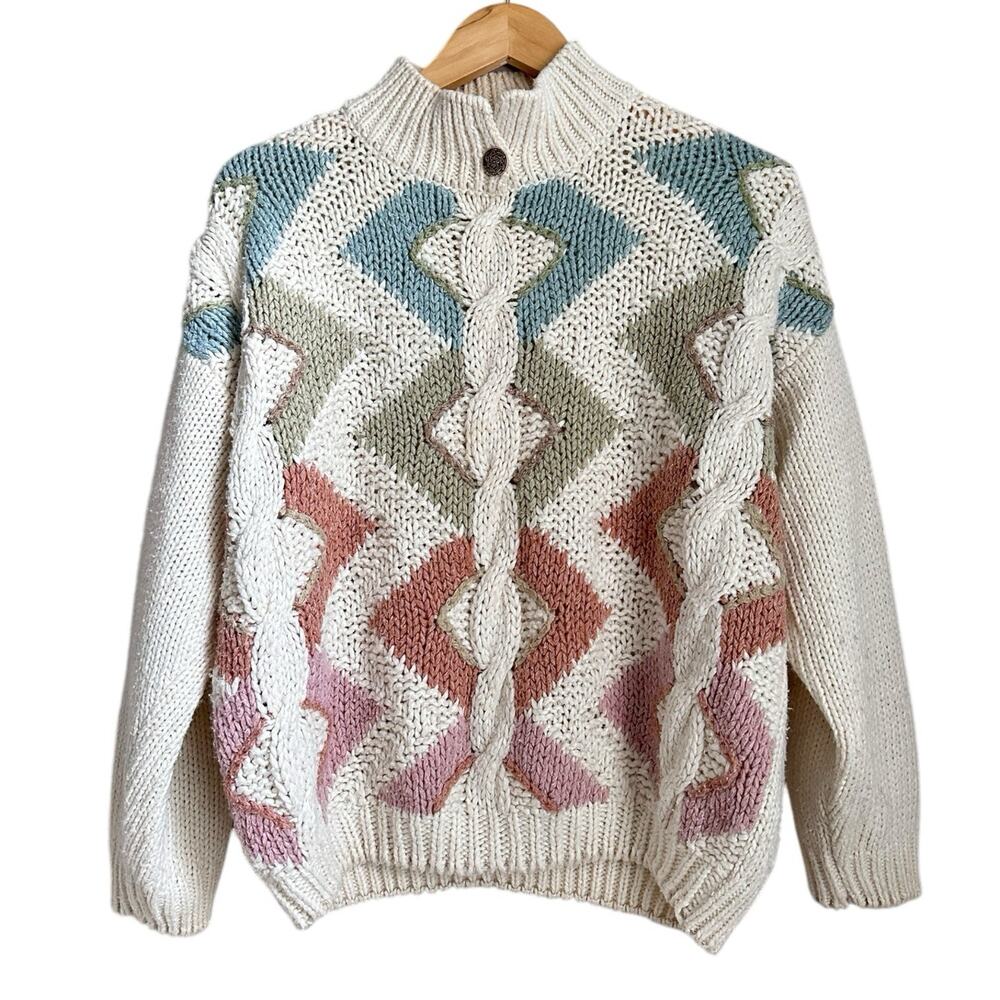 Vtg Hand Knit Chevron Sweater Cream Pastel Y2K Cable Knit Button Collar Grandma